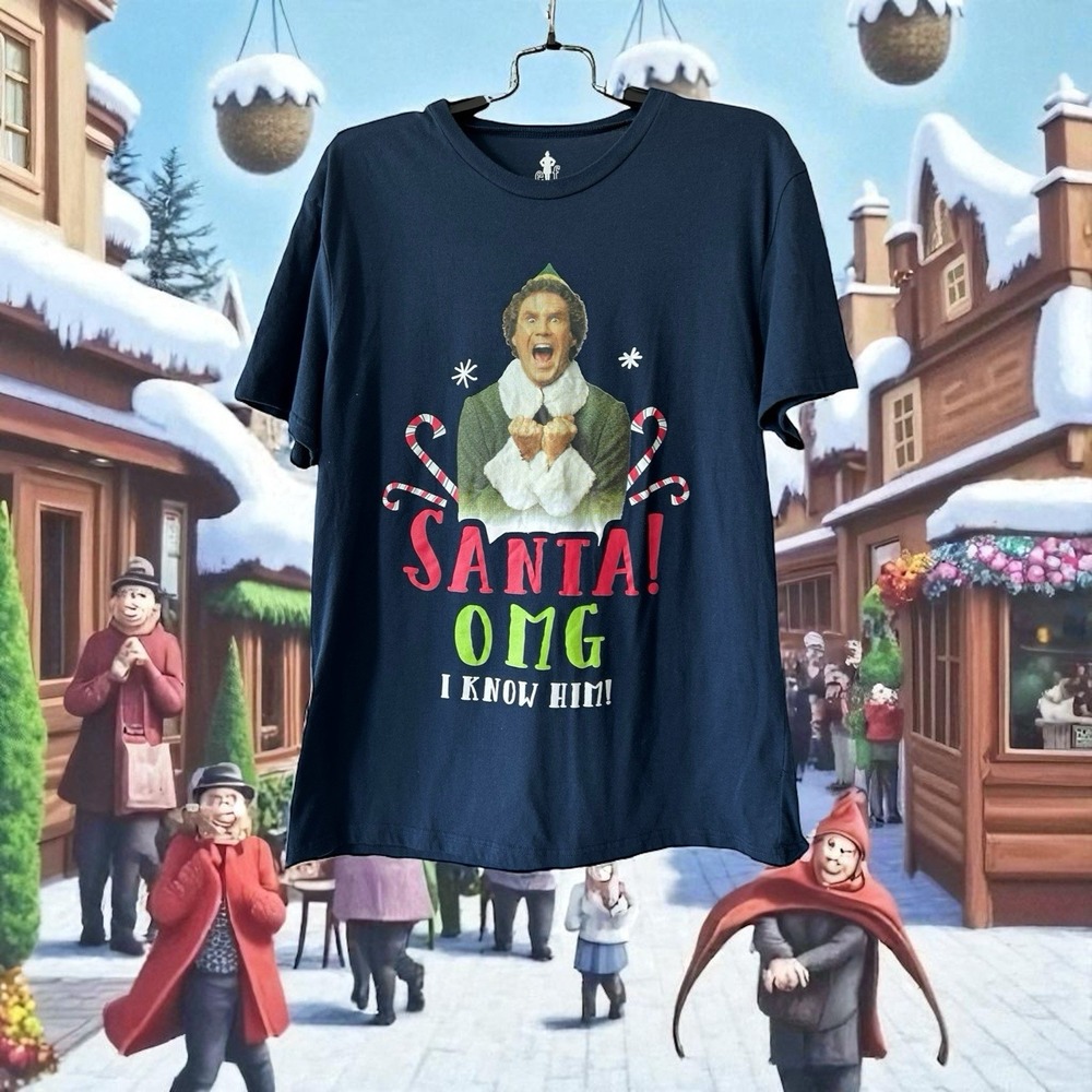 Elf Movie Santas Coming OMG I know Him Short Sleeve Crew Blue Shirt Size Large L - Picture 9 of 10